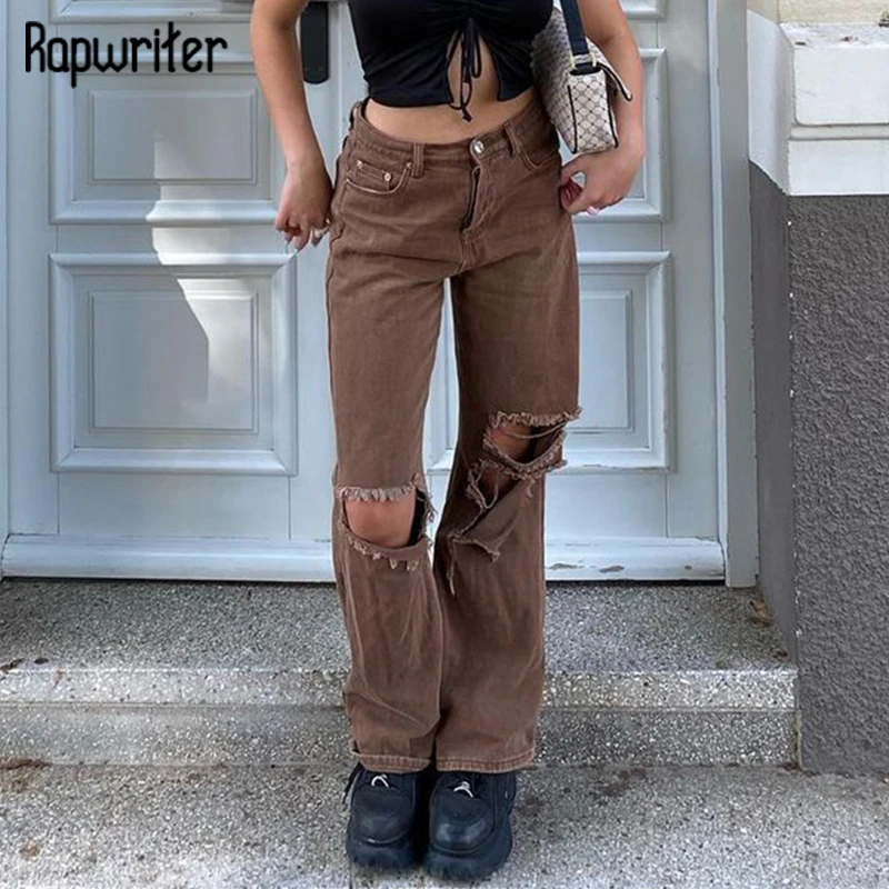 

Rapwriter Y2K Distressed Ripped Denim Pants Casual Brown Jeans Harajuku High Street Pants Autumn Costume Boyfriend Cargo Pants