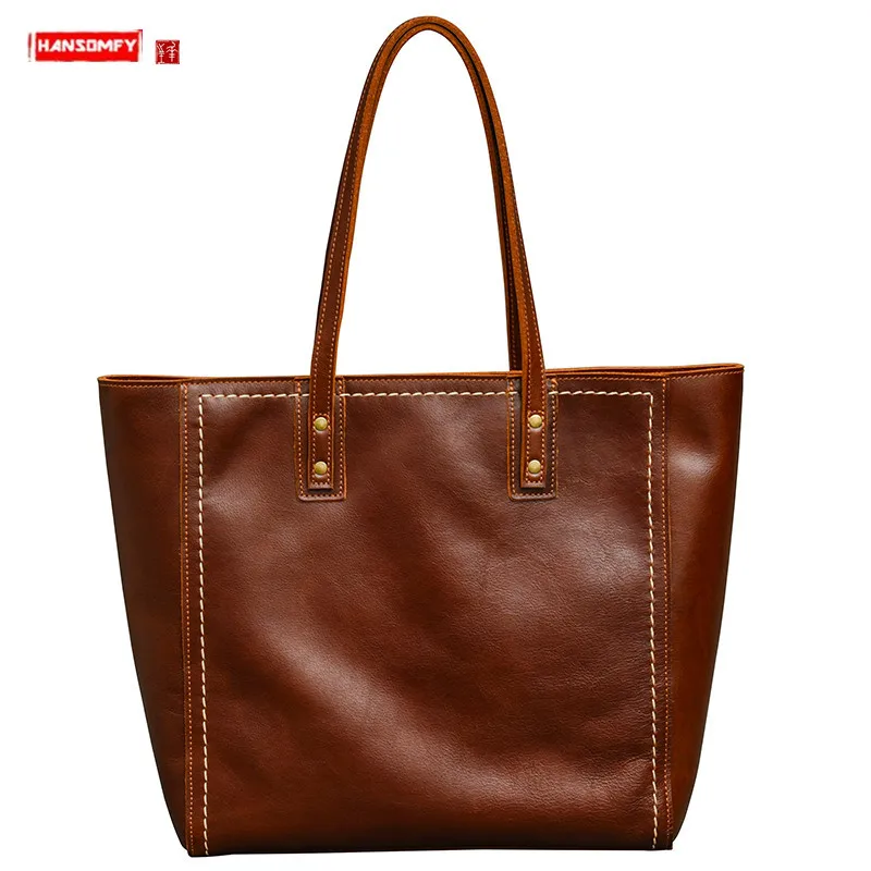 

Cowhide horizontal Men tote bag retro genuine leather handbags female large capacity shoulder bag male computer bags