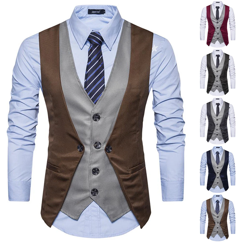 

Formal Fake Two Piece Vests Autumn Mens Formal Buttons Up Jacket Blazer Waistcoat Patchwork Vest Long Sleeves Tops