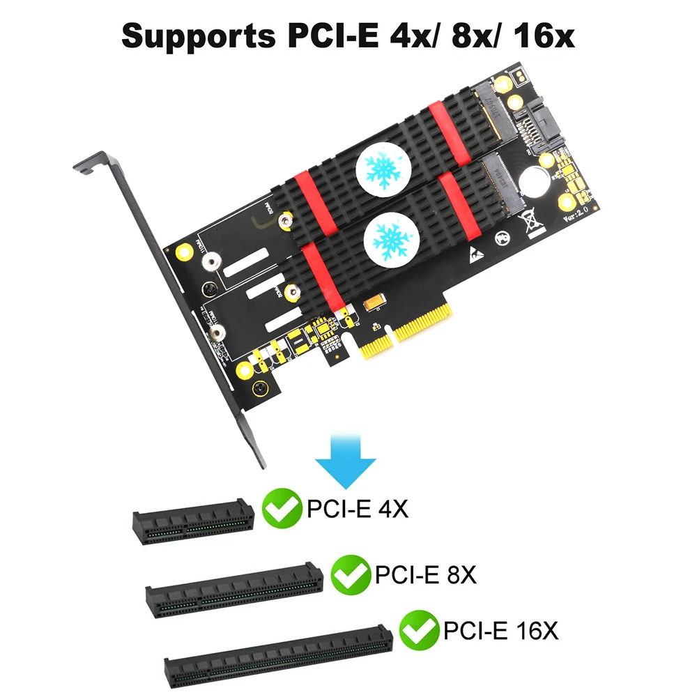 

SSD Adapter Card Set Dual M.2 NGFF B/M KEY to PCI-E 4X SATA 3.0 M.2 PCIe Riser Adapter Card with LED Light Heatsink