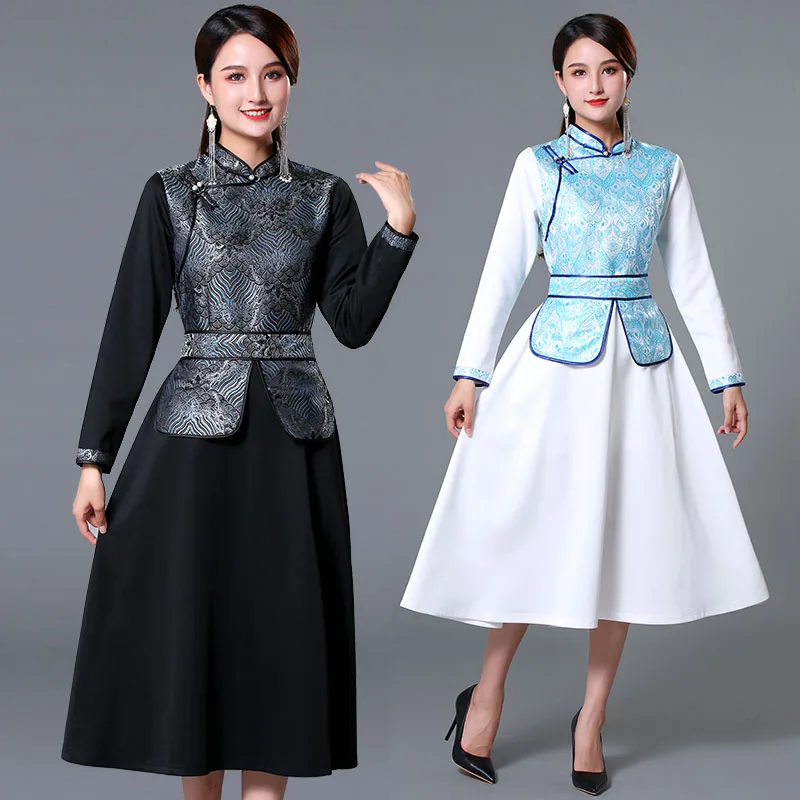 

Традиционная этническая Женская одежда, костюм в монгольском стиле, повседневное винтажное платье, Азиатский элегантный костюм Тан с ворот...