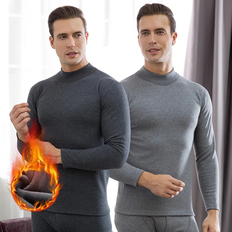 

Winter Clothes Cotton Turtle Neck Fleece Thickened Men Thermal Set Compression Top and Underwear Pants Long Johns Two Piece Set