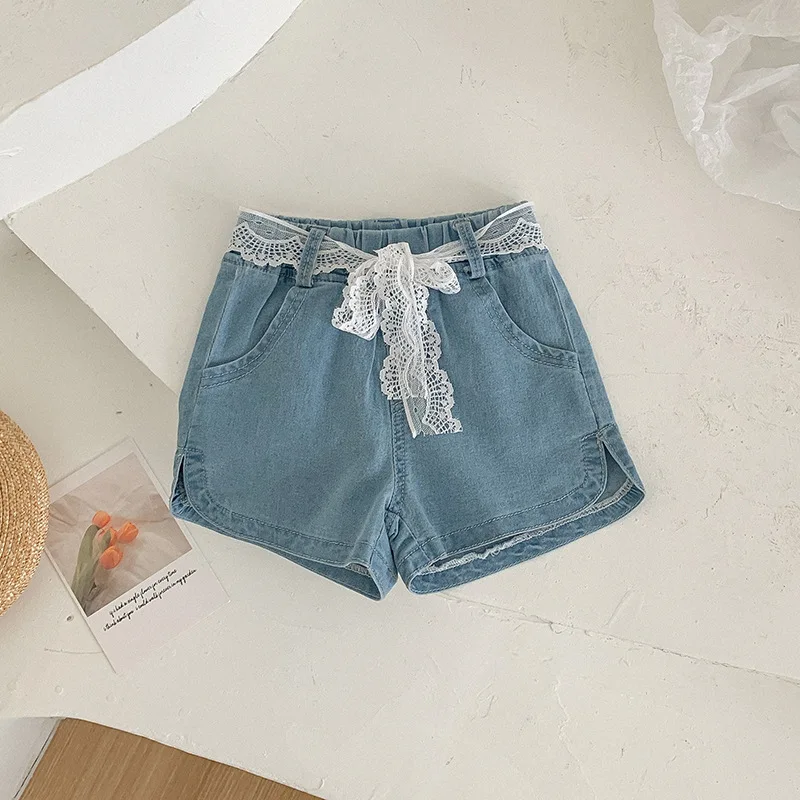 

Summer New Children's Clothing Girls' Soft Denim Shorts Children's Denim Hot Pants with Korean Lace Belt Baby Bubble Shorts