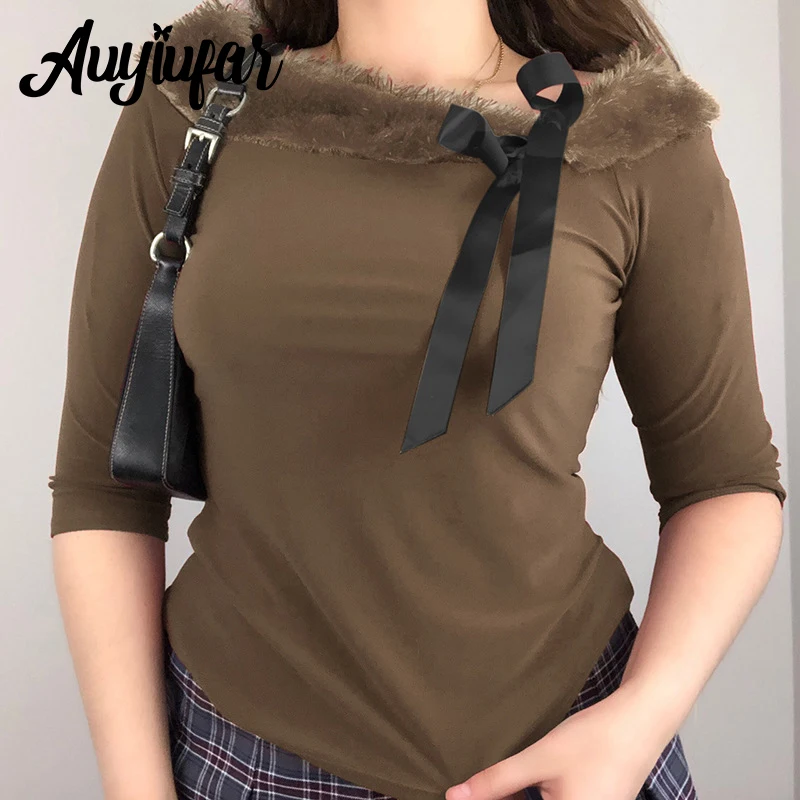 

Auyiufar Brown Bow Fairy Grunge Half Sleeve Tees Furry Hairy Patchwork Slim Y2K Casual Women Outfits Goblincore Vintage Clothing