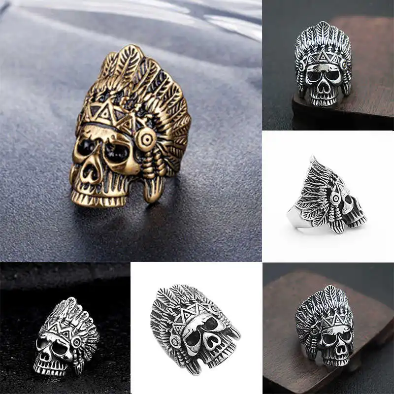 

Fashion Ring Men's Carved Indian US7-13 Hip Skull Biker Hop Chief for Party