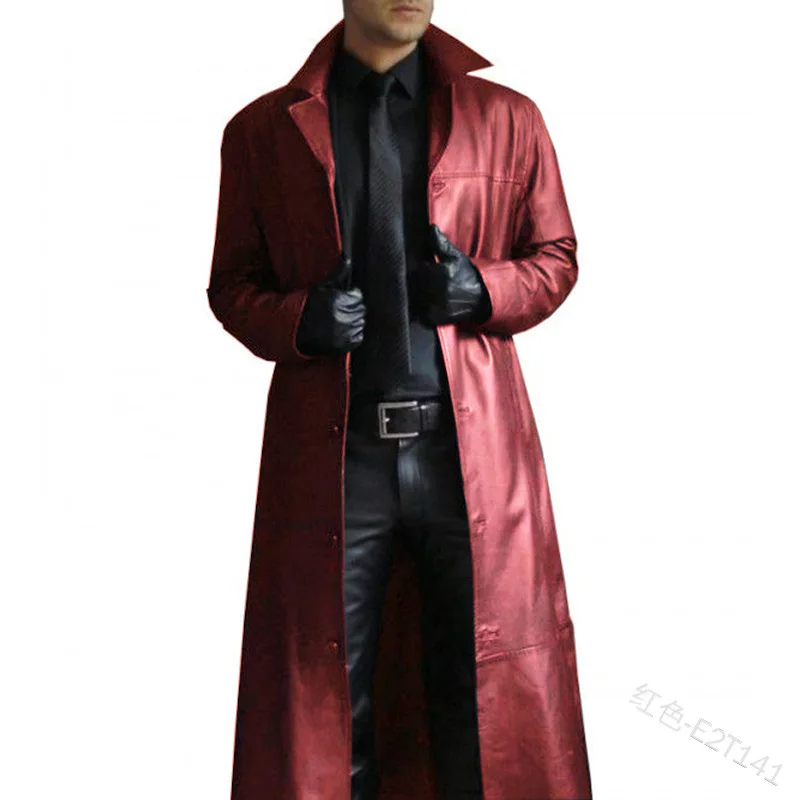 Men'sTrench винтажная средневековая кожаная длинная куртка однотонная двубортная