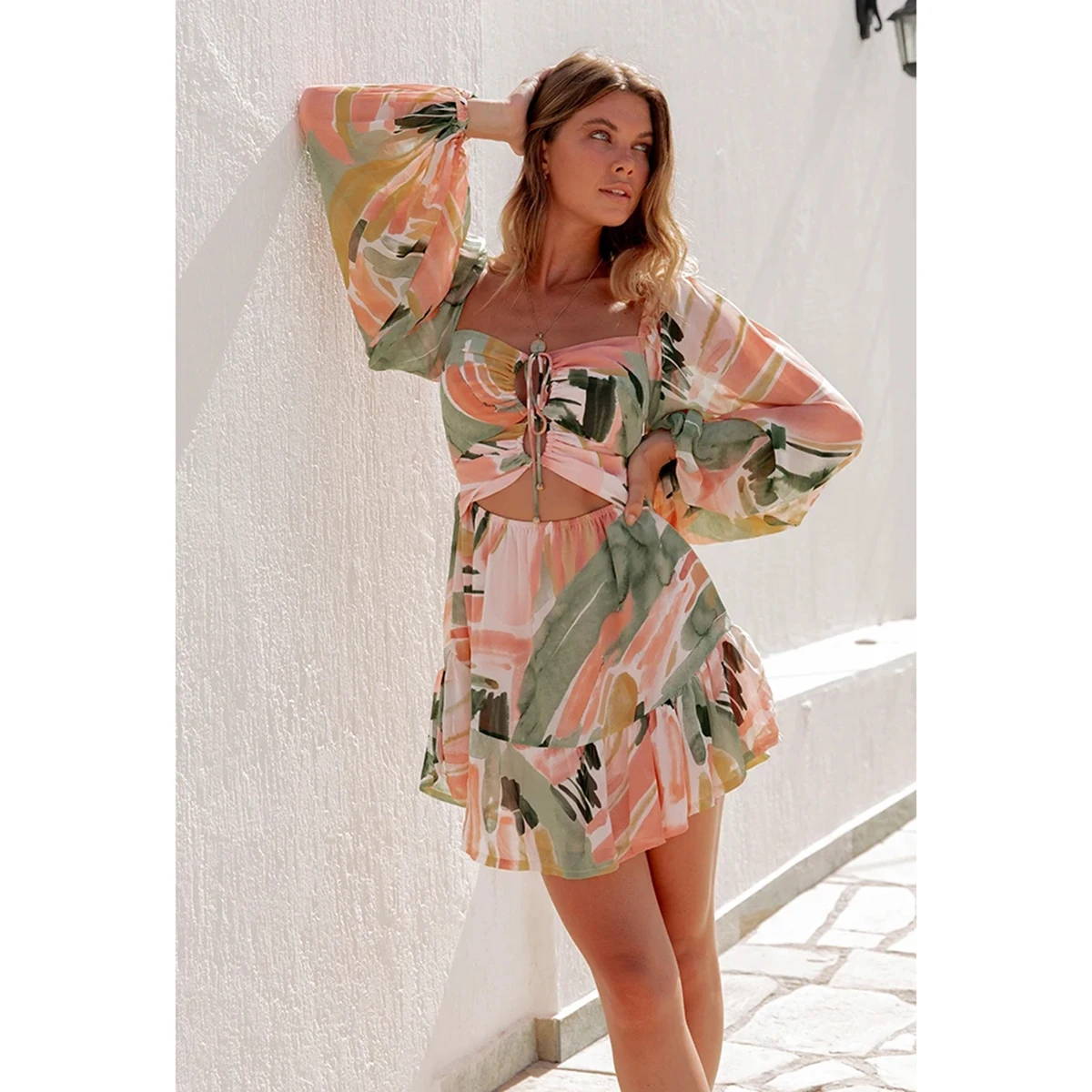 

Jastie/2022 богемные женские летние платья с цветочным принтом, с длинным рукавом, на груди, со шнуровкой, на талии, Открытое платье, праздничные в...