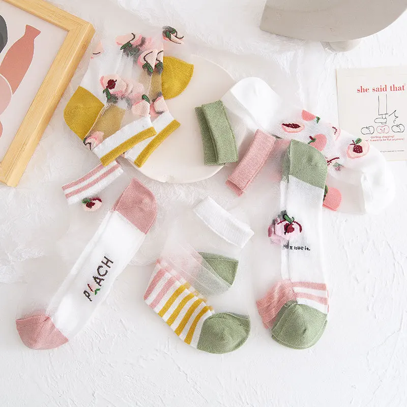 

Transparent Glass Silk Crystal Stockings Thin Cotton Sole Foot Socks Fruit Print Mesh Breathable Hosiery Non-slip Creative Socks
