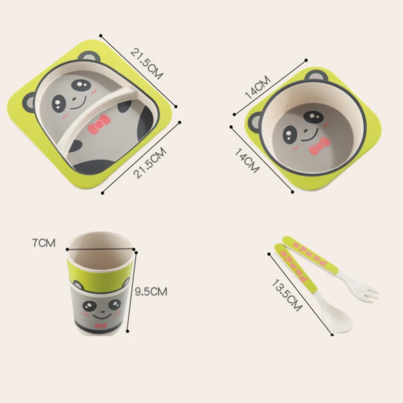 

5pcs/set Cartoon Animal Dinner Plates Plate+Bow+Fork+Cup Baby Dinnerware Set Bamboo Fibe Children Feeding Container Tableware Se