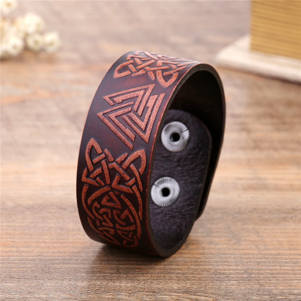 Мужской Браслет манжета из натуральной кожи с бантиком и волком викингом|men