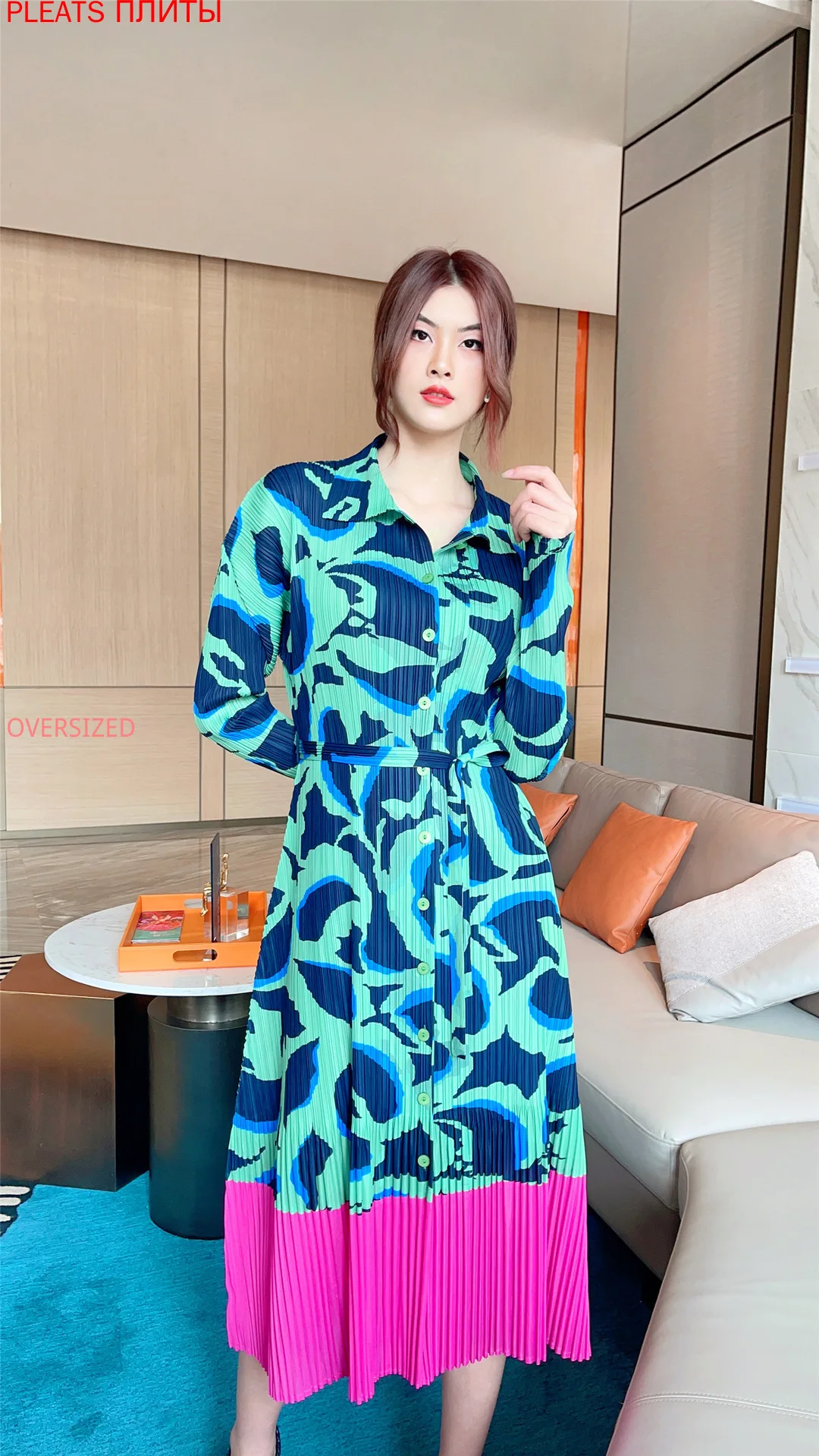 

Miyake Fashion Lace-up Waist Dress Mid-length Women's Spring Patchwork Print Mid-length Dress Pleats Elegant Shein Vestido