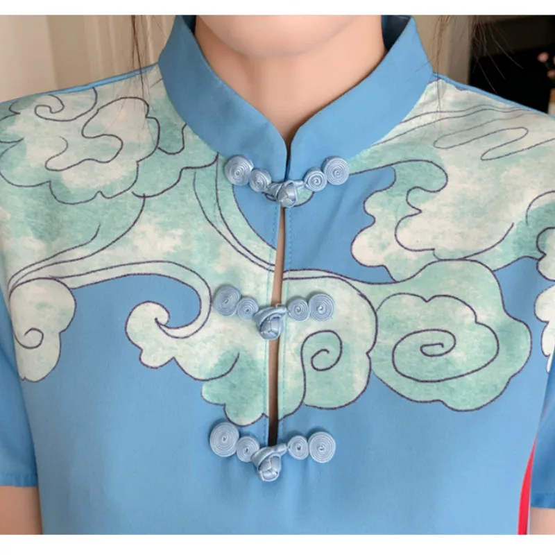

Plus Size M-4XL Blue Loose Fashion Modern Trend Cheongsam Dress for Women Short Sleeve Qipao Traditional Chinese Clothes CNY