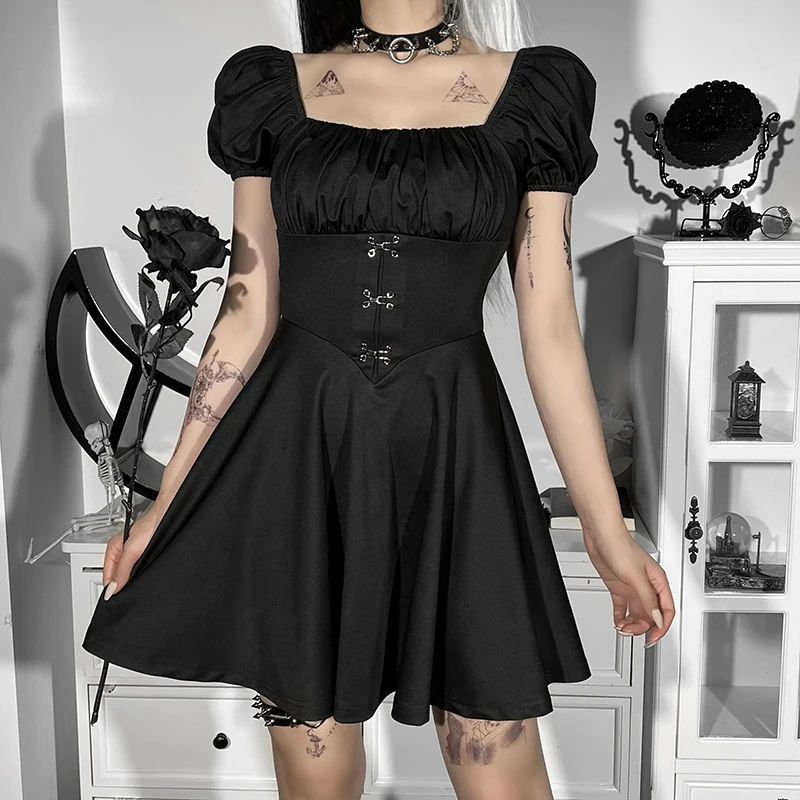 

Summer Black Dress Elegant Gothic Women Sexy Pretty Style Lolita Dress Backless Metal Puff Sleeve Patchwork Square Collar Dress