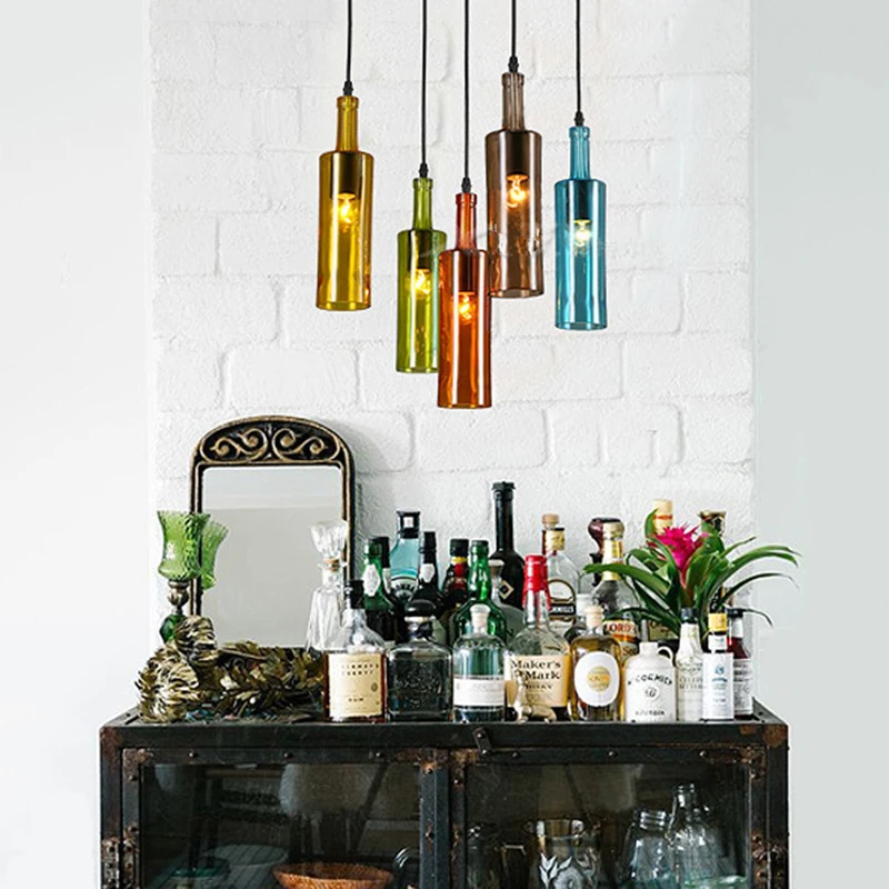 

Vintage creative beer bottle glass pendant light LED E27 with 5 colors loft hanging lamp for bar kitchen restaurant bedroom shop