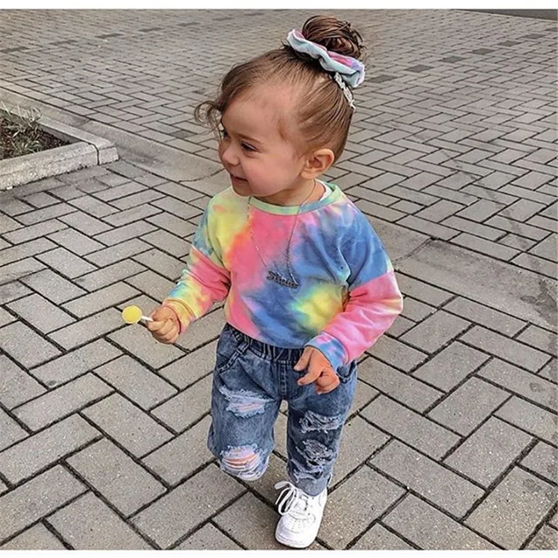

Autumn Spring Kids Girls Clothes Sets 1-5Y Tie Dyeing Print Long Sleeve Pullover Sweatshirt Tops Hole Denim Pants 2Pcs Outfits