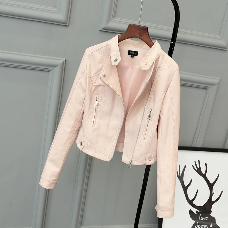 Женская короткая мотоциклетная куртка из искусственной кожи однотонная Черная