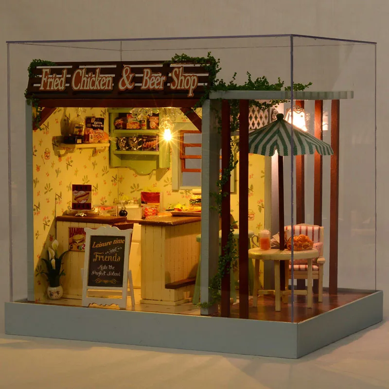 Assemble Miniature Dollhouse Fried Chicken &amp Beer Shop DIY Doll House Handmade Crafts Creative Wooden Kids Grownups Puzzle Toys |