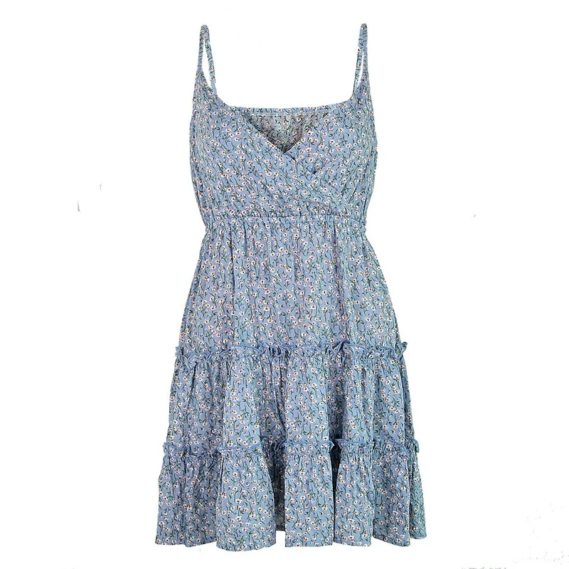 

2021 Summer Sexy 6 colors Woman Dress Sling Small Floral V-neck Dress Women Fashion Print Spaghetti Strap Beach Dress for Woman