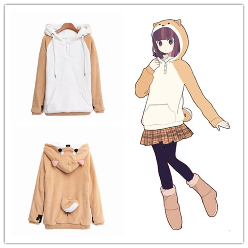 Японские Женские толстовки в стиле аниме Харадзюку с ушками милые зимние