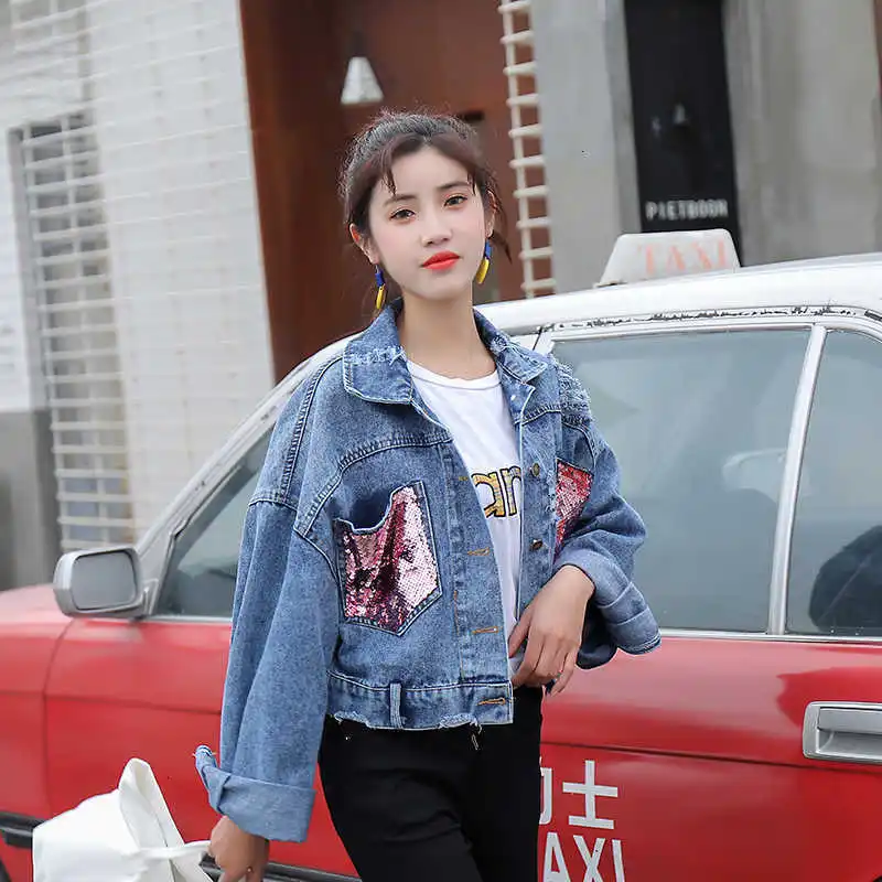 Женская джинсовая куртка с потертостями Базовая в стиле бойфренда блестками и