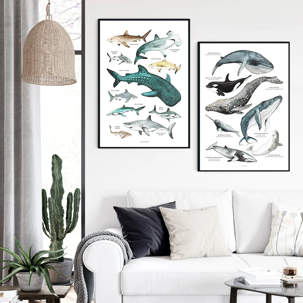 Детский плакат Картина на холсте Осьминог киты акулы морские животные для