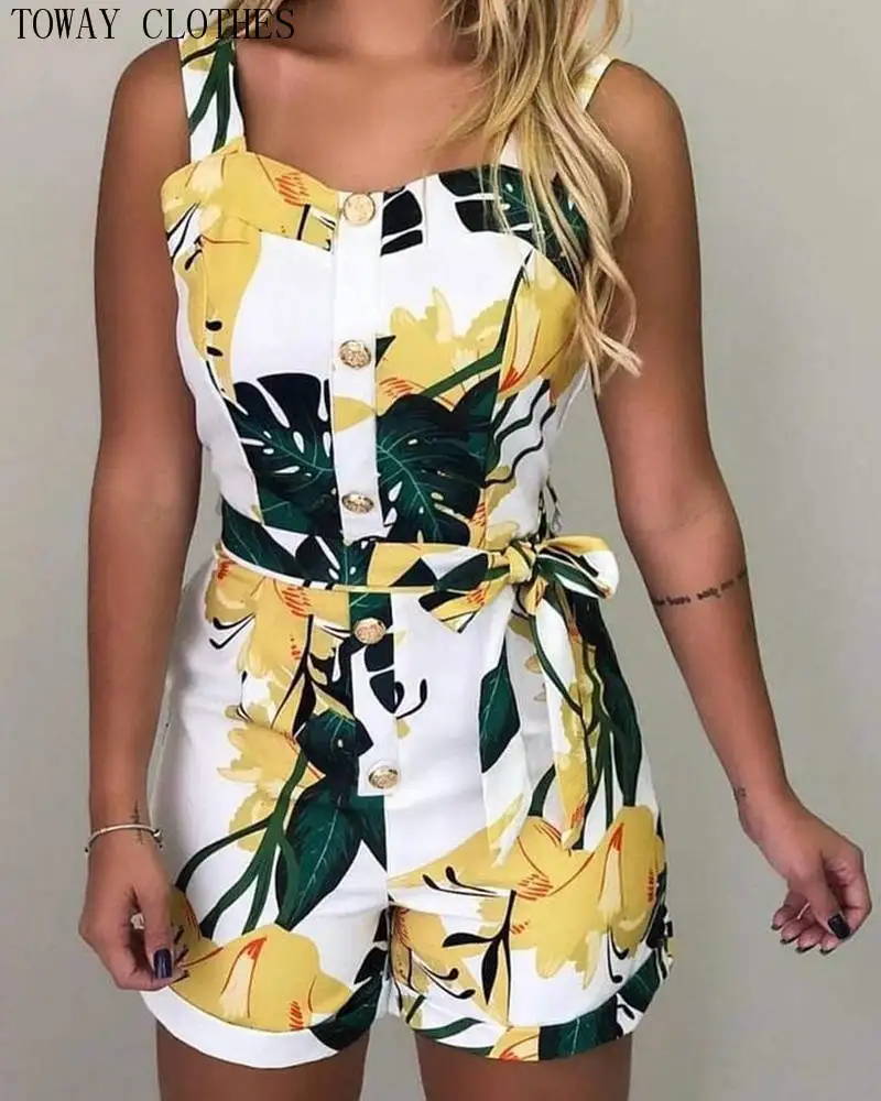 

2021 Summer Sleeveless Print Button Design Jumpsuit Ladies Elegant Vacation Print Sleeveless Print Button Design Jumpsuit