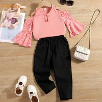 fashion girls solid flare sleeve lace one shoulder top shirts solid trousers kids baby girls clothes set 2pcs 18m 6y