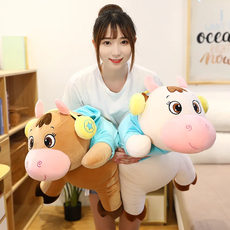 

65/85cm Cute Lying Cow Plush Pillow Toys Cartoon Soft Zodiac Cattle with Headphone Plush Doll Baby Kids Creative Birthday Gift