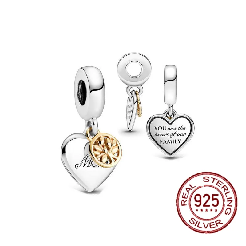 

925 Sterling Silver Two-tone Family Tree Heart Dangle Charm fit Pandora Bracelet Necklace Silver 925 Jewelry Mother's Day Gift