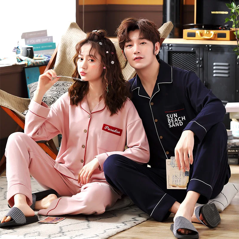 

Spring Knitted Cotton Couple Pajamas Set Long Sleeve Turn-down Collar Cardigan Women Sleepwear 3XL Lovers Homewear