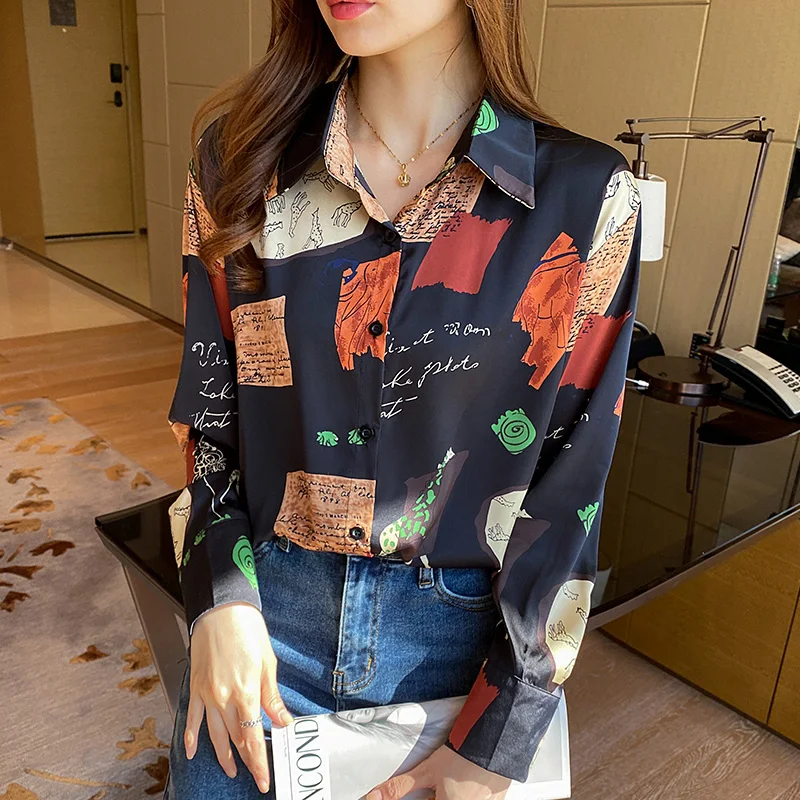 

Spring Autumn 2022 Fashion Woman Shirt Loose Printed Long Sleeve Shirt Chiffon Blouse Tops For Woman Turn Down Collar Blusa