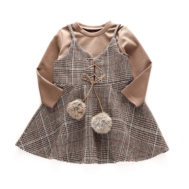 

Fashion Dress Spring Autumn Baby Girl Skirt Cotton T-shirt Blouse Strap Plaid Print Skirts With Ball Design Casual Outfits Set