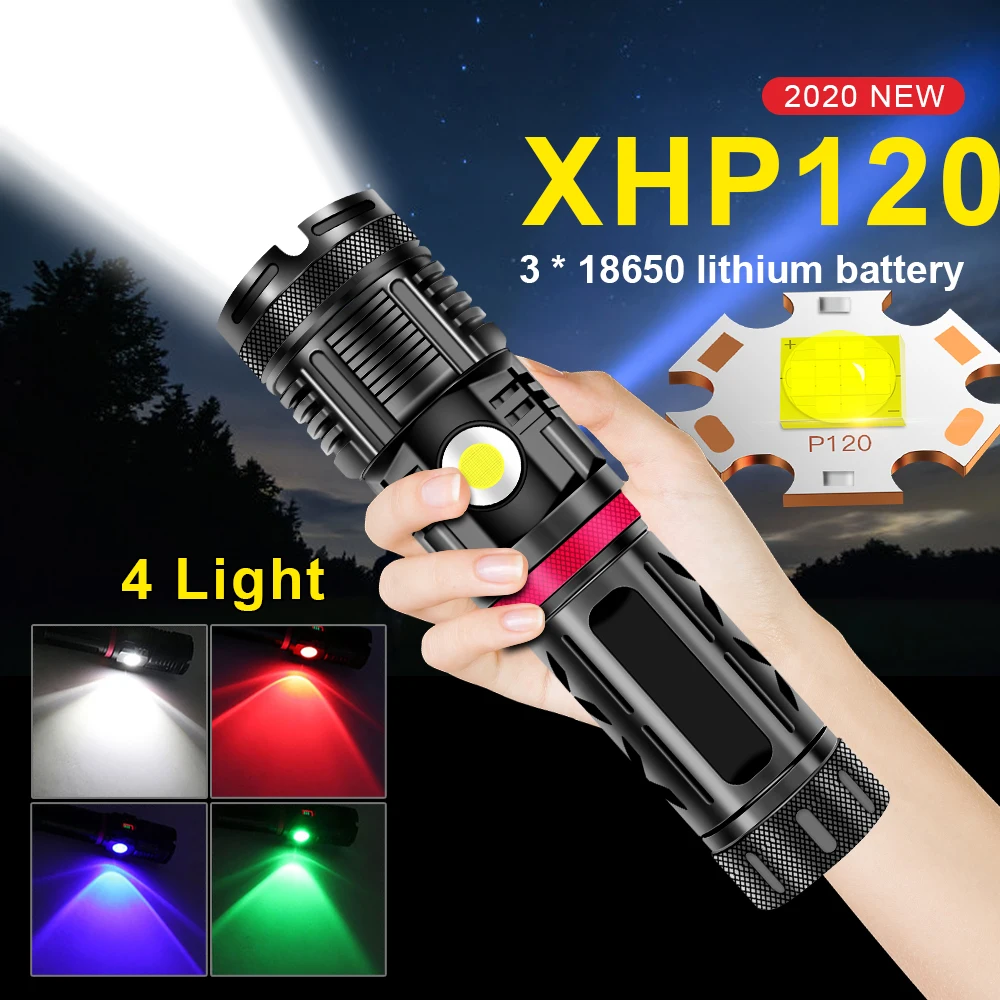 구매 초강력 전술 손전등 XHP120 LED, USB 400000 충전식 밝은 사냥 XHP70 XHP50 방수 랜턴, 18650 루멘
