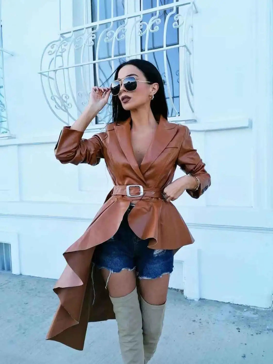 

KeyCouture Стильный Длинный плащ из искусственной кожи с асимметричным подолом, ветрозащитная куртка, верхняя одежда, Женская куртка из искусст...