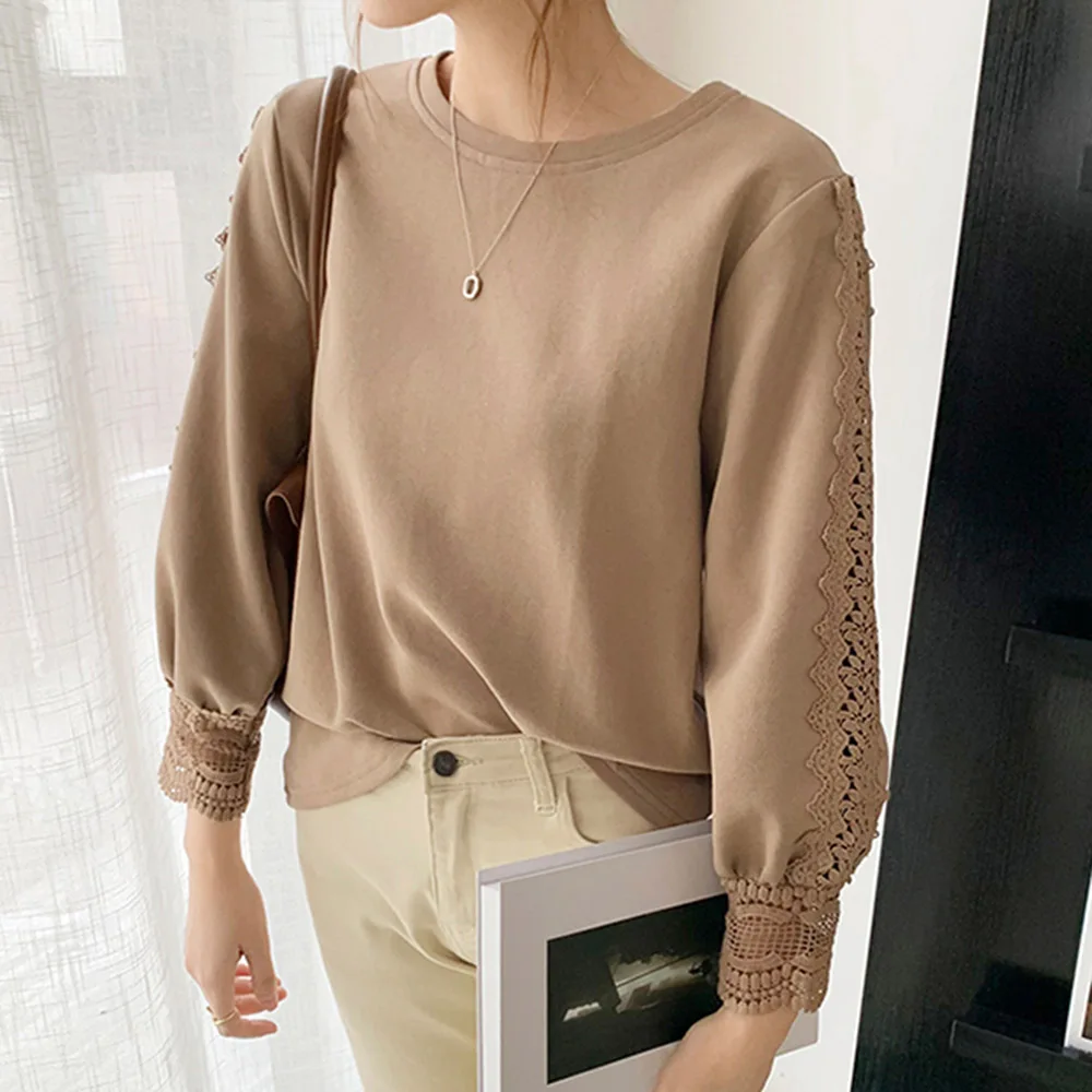 

Женская футболка с вышивкой, однотонная Повседневная футболка с круглым вырезом и длинным рукавом, в Корейском стиле, осень 2021