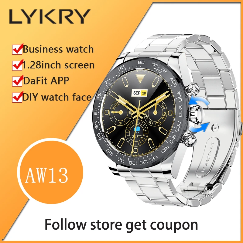 

LYKRY AW13 Business Smart Watch Men Women 1.28 inch Screen IP68 Waterproof Men's Watches Stainless Steel Heart Rate Smartwatch
