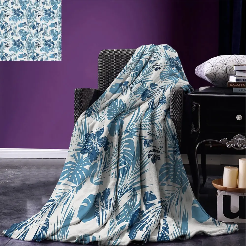 

Leaf Throw Blanket Island Ocean Beach Sea Inspired Hawaiian Flowers Palm Tree Leaves Art Print Blanket for Bed Couch Dark Blue