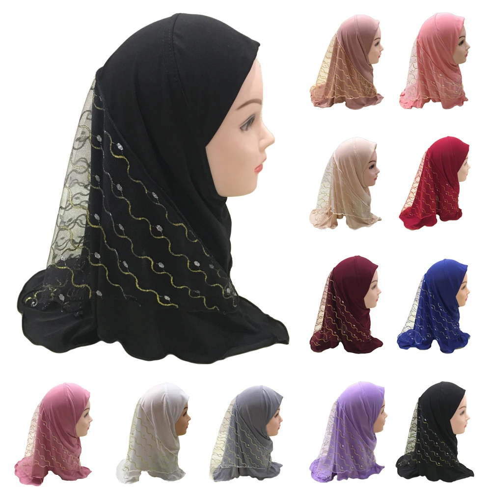 

10PCS Muslim Girls Kids Hijab Scarf Islamic Mesh Cover Head Wrap Shawl Caps Full Cover Prayer Hat Arab Turban Amira Random Color