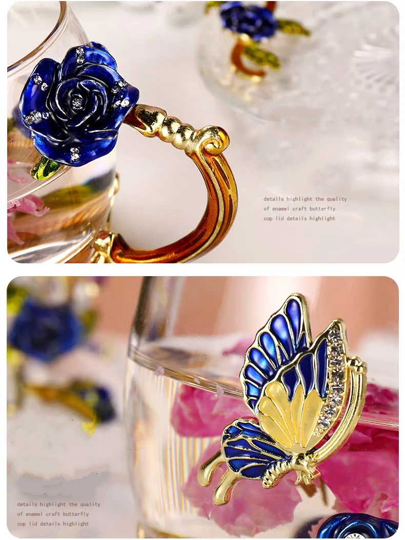 

Red Rose Enamel Glass Coffee Mugs Tea Cups and Mugs Handmade Heat Resistant Glass Water Cup Drinkware Lover Gift Wedding Cup