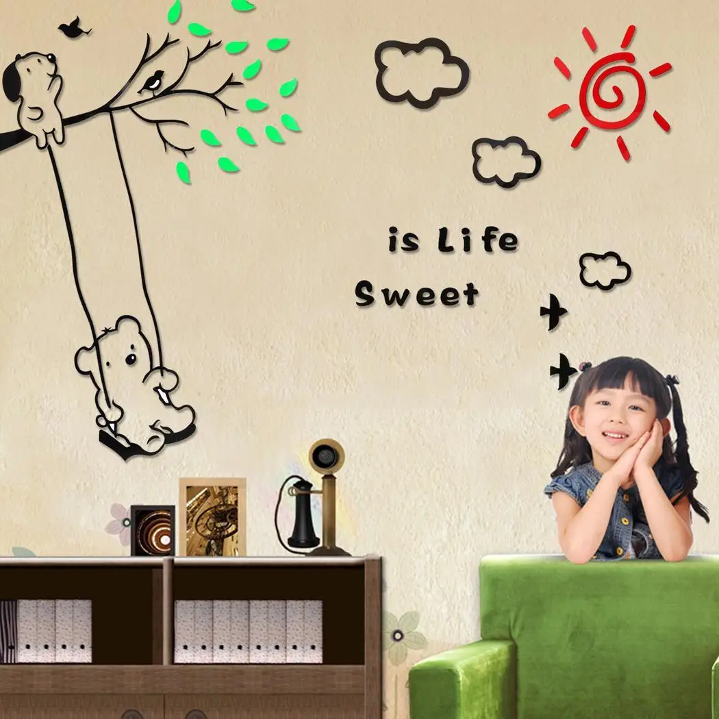 3D Wall Stickers Kids Children Bedroom Decor Bear Sun Clouds Dog Tree Birds Swing Plane Cute Home | Обустройство дома