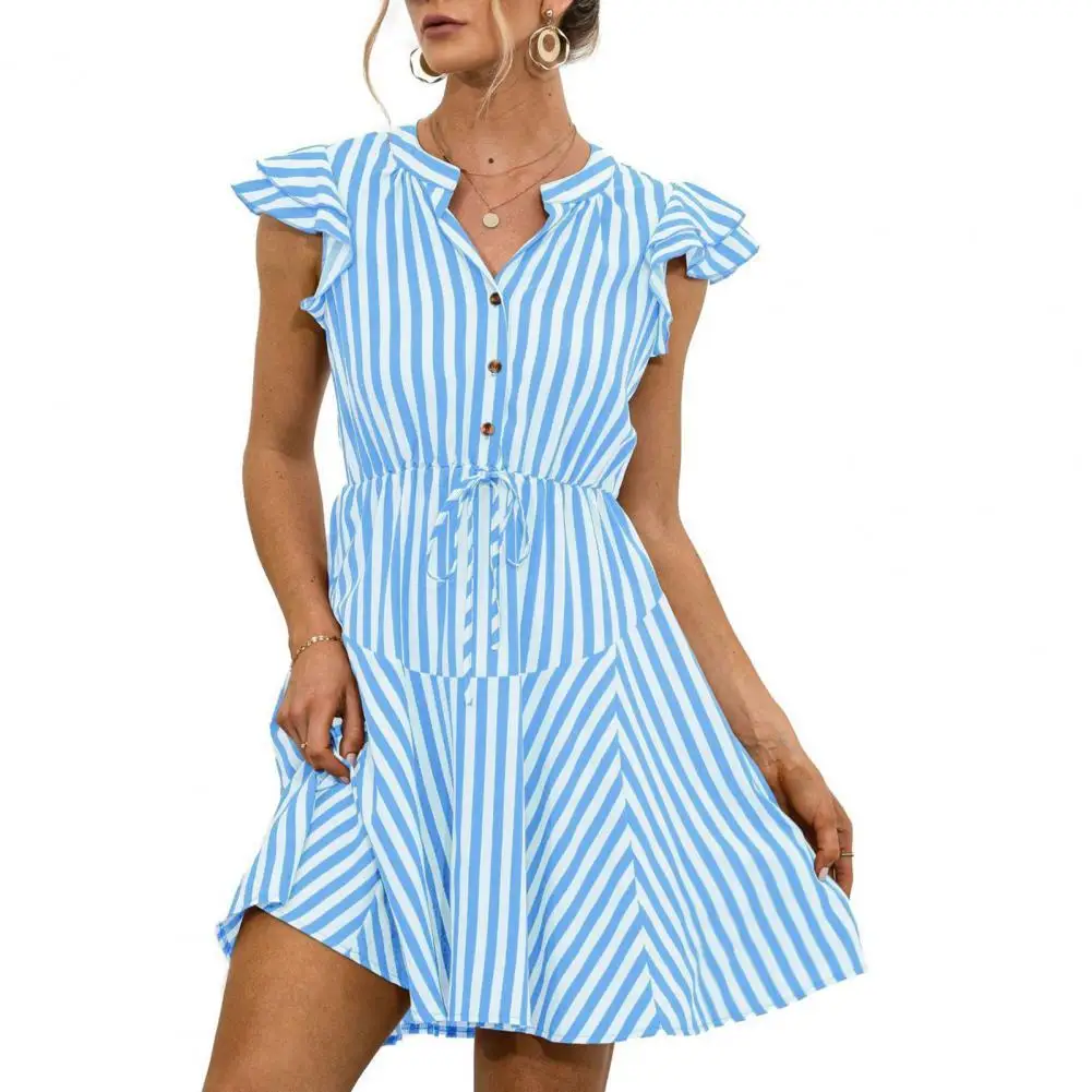 

Summer Women Shirt Dress Stripe Flying Sleeve Women V Neck Lace-up Waist Tied Dress for Office Ladies Casual Vestidos 2021 New