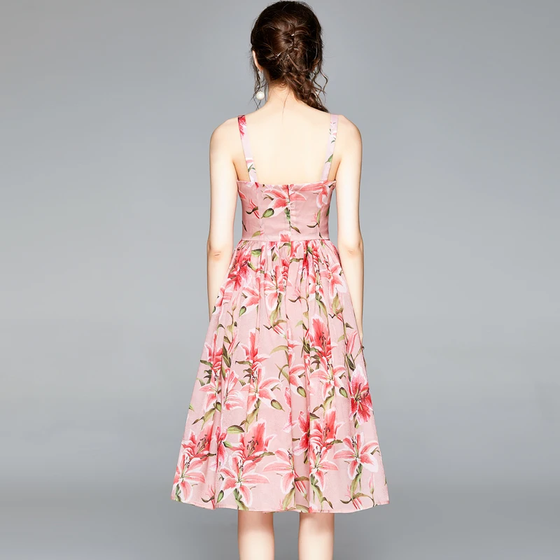 

2021 New Summer Women Sexy Charming Spaghetti Strap Dress Sweet Flowers Print Pleated Hem Beach Vacation Dress