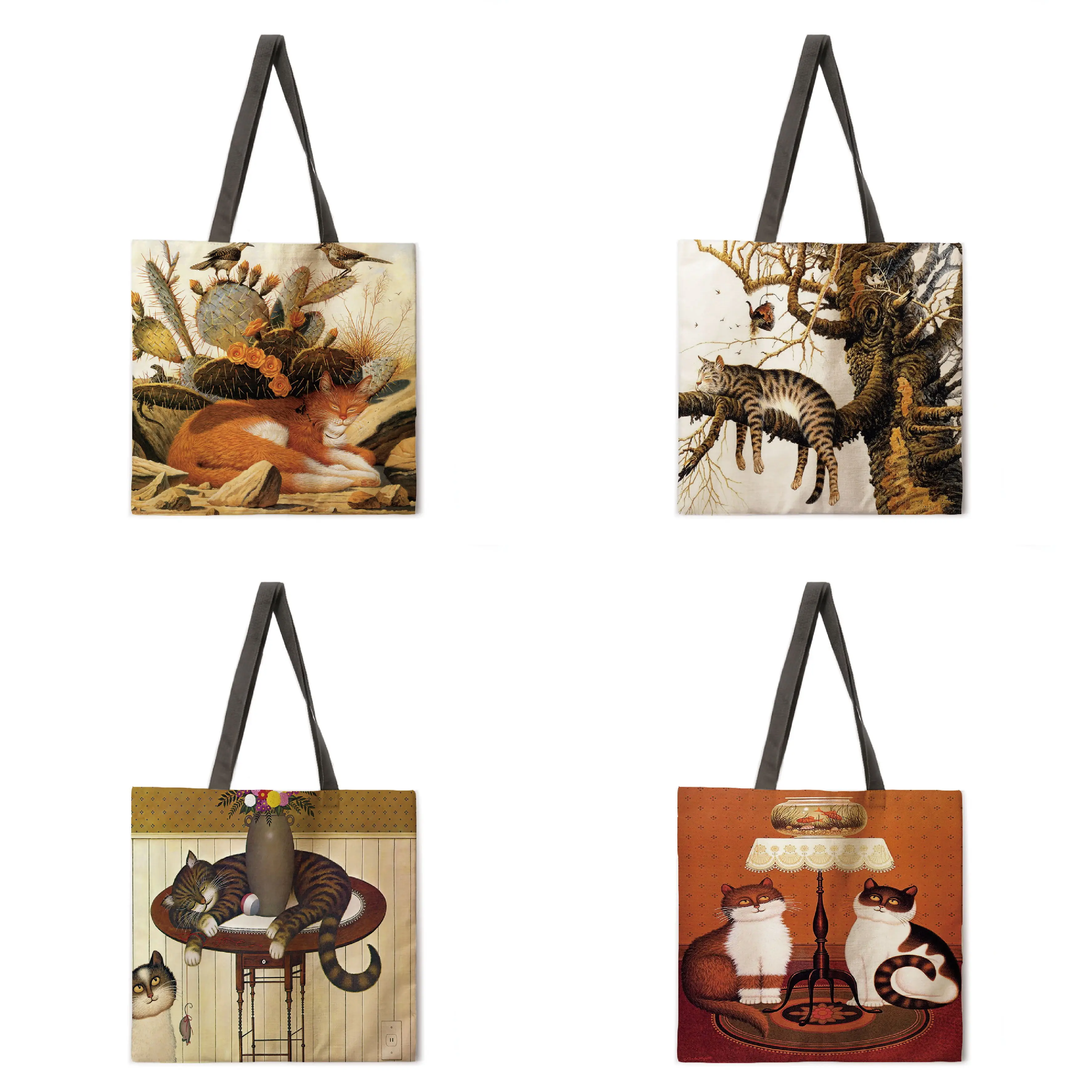 

Classic oil painting cat print tote bag female casual portable lady shoulder bag foldable shopping bag outdoor beach bag