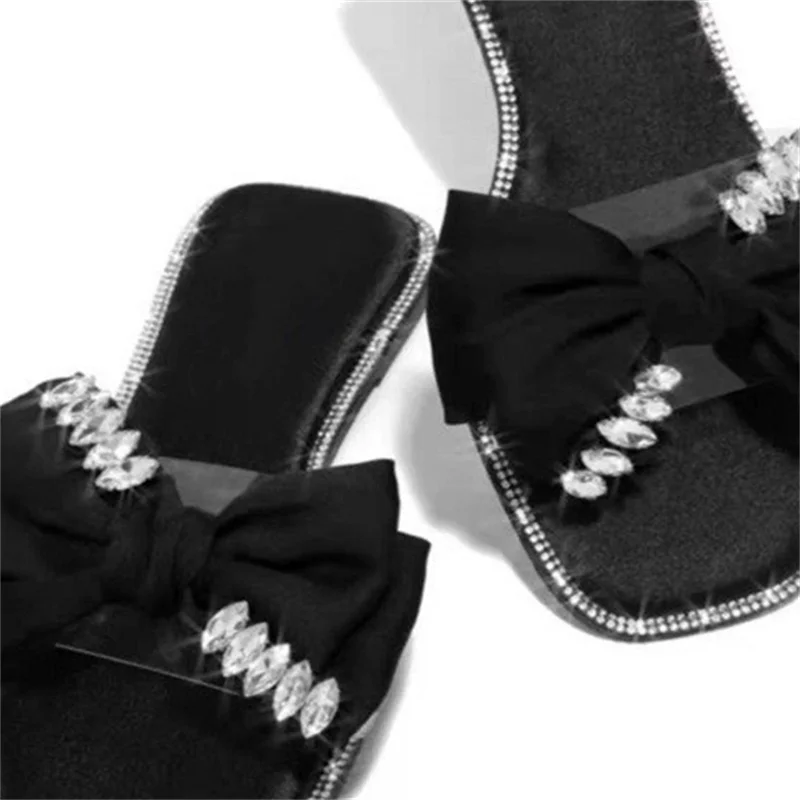 

Square Toe Satin Fabric Butterfly Knot Flat Slippers For Women Rhinestone Open Toe Outdoor Women Shoes Party Sandals 2021