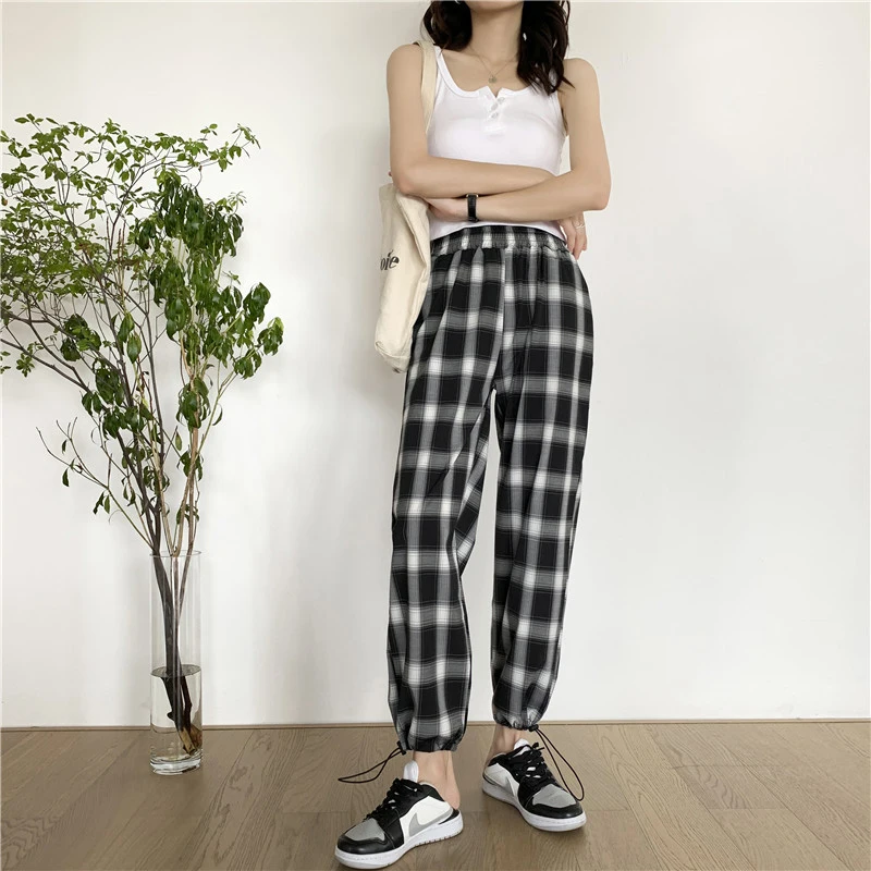 

Брюки SEDUTMO женские в клетку, модные уличные штаны с завышенной талией и широкими штанинами, повседневные в стиле Харадзюку, ED1604, на лето