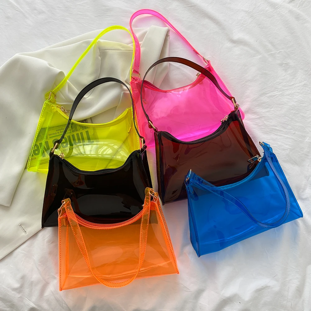 

Transparent PVC Jelly Candy Bag for Women 2022 Summer Pure Color Shoulder Underarm Hobos Bag Casual Ladies Small Handbags Purse