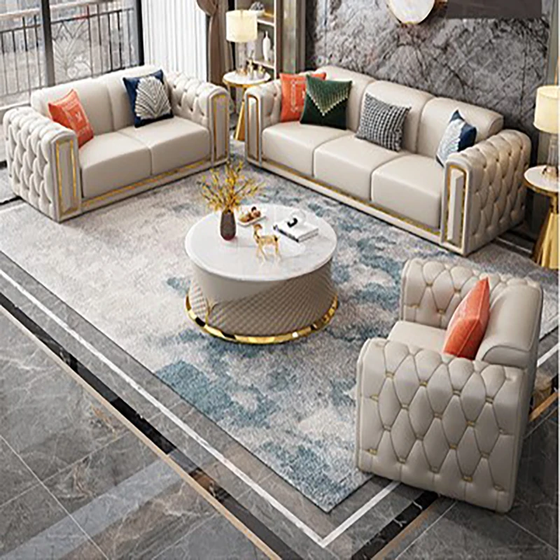 

Italian minimalist post-modern luxury villa unit American living room light leather sofa combination furniture