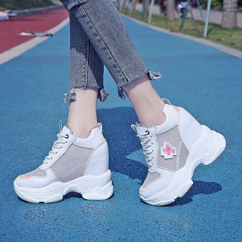 

2020 New Women High Platform Shoes Summer Breathable Women Height Increased Shoes 11CM Thick Sole Trainers Mesh Sneakers Woman