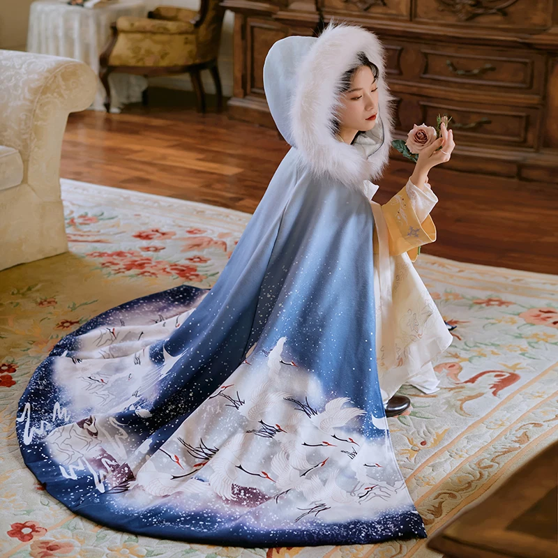 

Hanfu платье для взрослых женщин синий плащ китайский Стиль классического танца Костюм Хана Тан Ming цинской династии зимнее пальто DQL4712