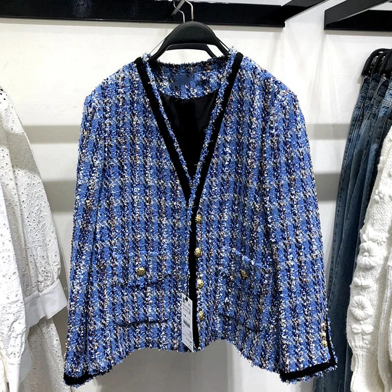 2020 New Vintage Women Blue Plaid Tweed Jacket Chic Single Breasted V-Neck Tassel Coat Woman Spring Autumn Outwear | Женская одежда